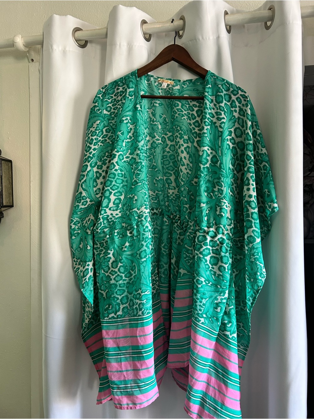 Teal Green Printed Open-Front Swim Coverup Kimono
